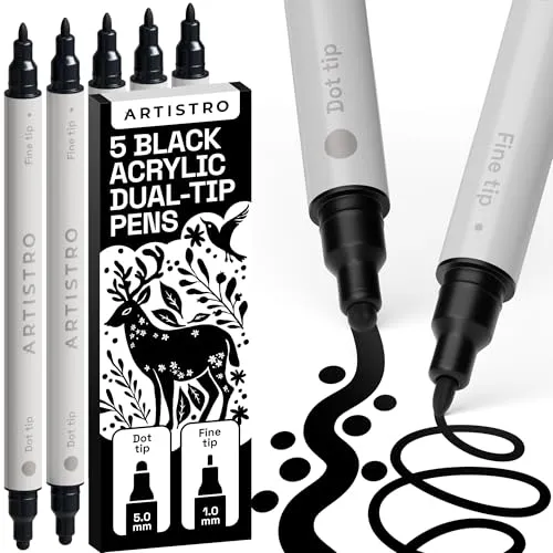 Artistro 5 Schwarze Acrylstifte für Stein, Stoff, Holz, Glas, Dekoration – Dual Tip (Dot & Fein) Acrylmarker für Malbücher für Erwachsene, Teenager und Kinder – Bastel- & Kunstbedarf Set