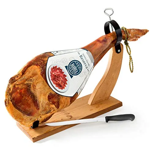 Serrano-Schinken Paleta Reserva Barrica Set - Abgepackte Räucherschinkenscheiben mit Schinkenständer und Messer, 12 Monate gereift, aus Spanien. Edler Vorderschinken von Jamones España, perfekt für Feinschmecker.