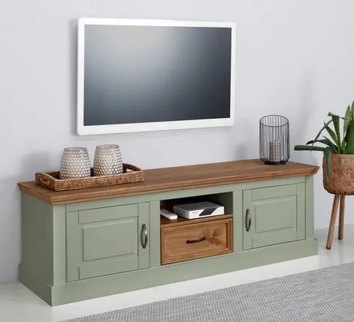 Lowboard HOME AFFAIRE "Selma" – Salbeigrün, 160 cm - TV-Kommode aus Massivholz und MDF, mit 2 Türen und 1 Schublade für zusätzlichen Stauraum. Stilvolles Design in salbeigrün, ideal für modernes Wohnen.