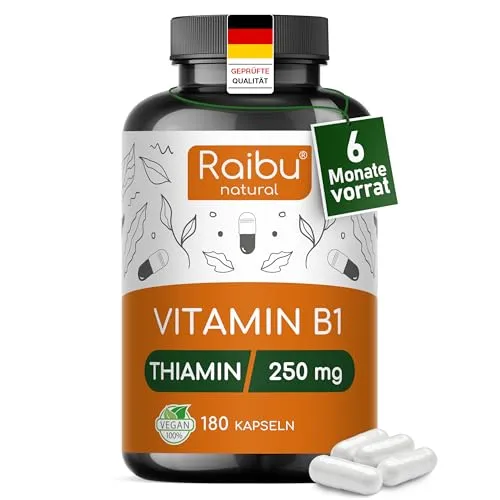 Vitamin B1 (Thiamin) Hochdosiert - 250 mg pro Kapsel, 6 Monate Vorrat - Vitamin B1 Präparate: Hochdosierte 250 mg pro Kapsel für optimale Energie und Nervenfunktion, vegan und ohne künstliche Zusätze - ideal für Ihre Gesundheit.