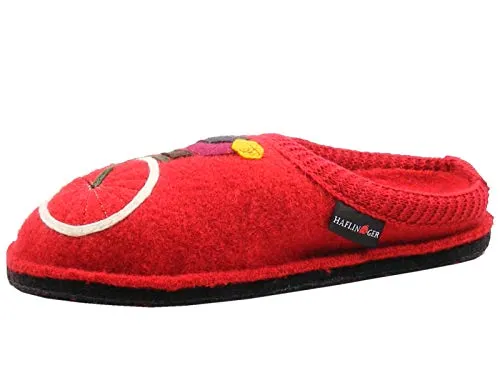 HAFLINGER Damen Pantoffel AR Bicycle 313060-3, Größe 39, Rot - Bequemer Hausschuh aus Wollfilz mit Fahrrad-Motiv. Anatomisch geformtes Fußbett und rutschfeste Filzsohle sorgen für besten Tragekomfort und Sicherheit bei jedem Schritt.