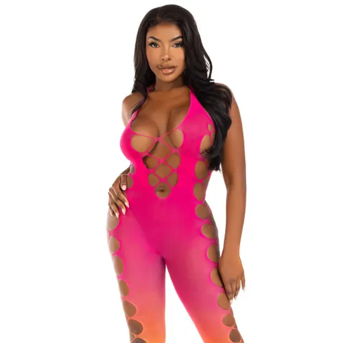 LEG AVENUE Seamless Ombre Faux Lace Up Footless Bodystocking - Erotische Bodystockings für Damen: Erlebe den sinnlichen Glanz des Sommers mit diesem atemberaubenden, dehnbaren Bodystocking in Dip-Dye-Technik, perfekt für strahlende Tage und Nächte.