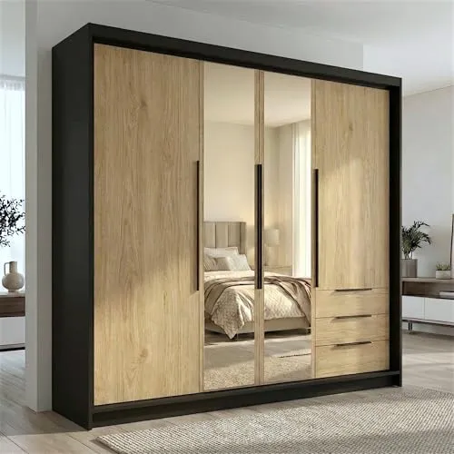 VIVO 4-türiger Kleiderschrank mit Schubladen – Modernes Design in Schwarz/Braun - Geräumiger viertüriger Kleiderschrank mit praktischen Schubladen und eleganten Metallgriffen. Optimal für Ordnung und Stauraum in Schlafzimmer und Ankleidezimmer. Jetzt in verschiedenen Farben erhältlich!