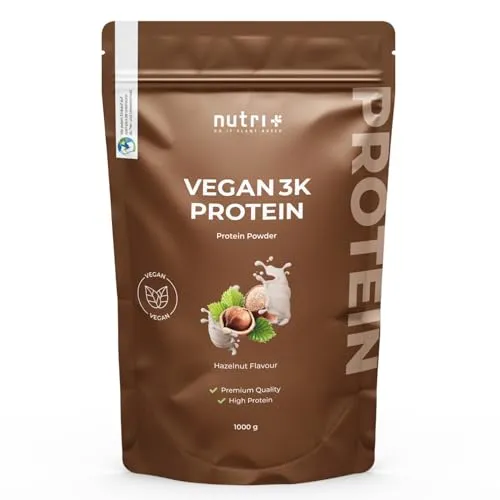 Nutri + Proteinpulver Vegan Haselnuss 1 kg - 83% Eiweiß - Veganes Eiweißpulver mit 83% Proteinanteil, ideal für Muskelaufbau und pflanzliche Ernährung. Gluten- und zuckerfrei, perfekt für Low-Carb-Diäten.