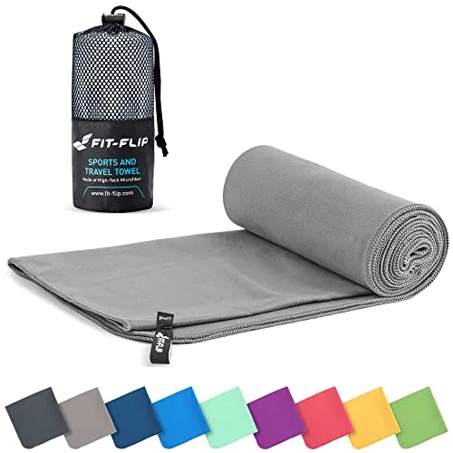 Fit-Flip Mikrofaser Handtuch - kompakte Microfaser Handtücher - ideal als Sporthandtuch, Reisehandtuch, Strandtuch - schnelltrocknend und leicht - Badetuch groß (100x200cm, Grau)