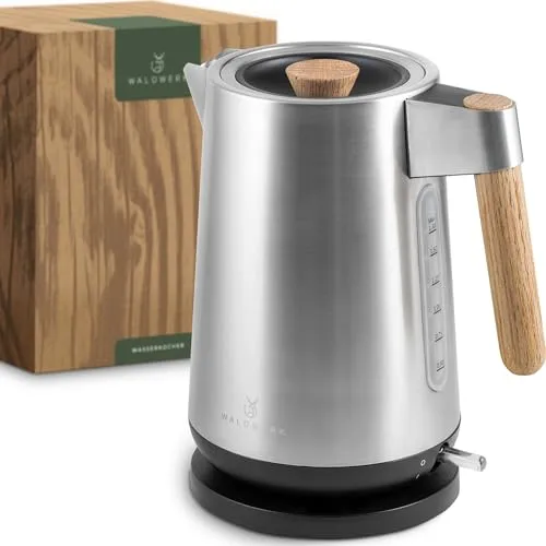Waldwerk Wasserkocher Design - 3000 Watt, 1,7L Edelstahlwasserkocher mit Eichenholzgriffen, stilvoll und langlebig