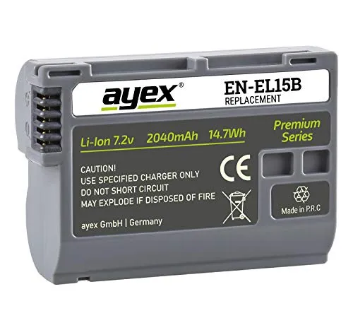 ayex EN-EL15B Akku Kompatibel mit Nikon Z8 Z6 Z7II Z5 D7500 D7000 D850 D800E D750 D610 D500 V1 Leistungsstarker qualitativer Akku für Lange Laufzeiten 2040mAh