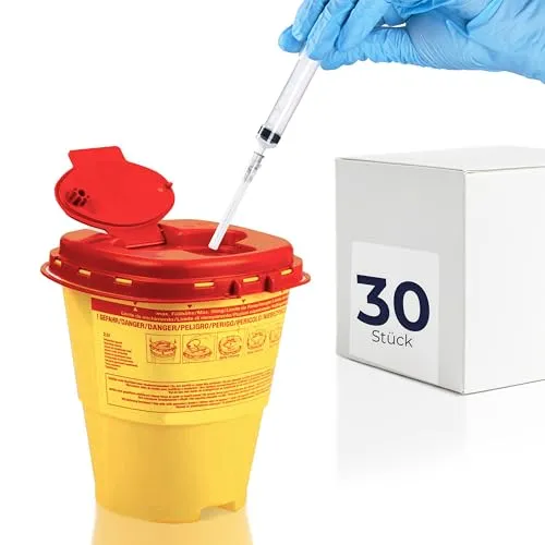 HaseMed Kanülenabwurfbehälter - 30 Stück, Biohazard Entsorgungsbox für Nadeln, Spritzen und scharfe Gegenstände, sicher, hygienisch, mit rotem Deckel, für Kliniken und Pflegeeinrichtungen (2500 ml)