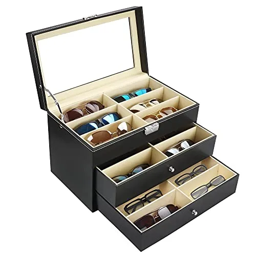 Kurtzy Schwarze Kunstleder Sonnenbrillen Aufbewahrungsbox mit 18 Fächern - Schmuckkästen für die stilvolle Aufbewahrung von Sonnenbrillen, Uhren und Schmuck. Robustes Kunstleder, staub- und feuchtigkeitsbeständig, mit 3-stufigem Design und sicherem Schloss für optimalen Schutz.