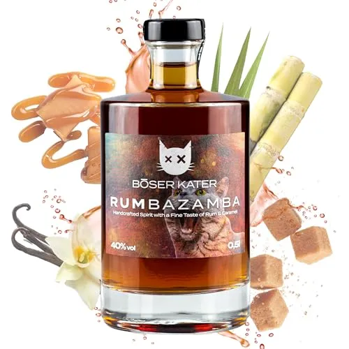 BÖSER KATER RUMbazamba Caramel Toffee Spirit Drink 40% Vol. 0,5l - Ein handgemachter Spirit Drink mit feinen Aromen von Rum, Caramel-Toffee und Vanille. Ideal als Geschenk und für besondere Anlässe – mit jedem Kauf unterstützen Sie zudem den Katzenschutz.