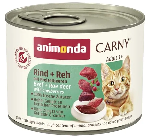 animonda Carny Katzen Nassfutter Rind + Reh mit Preiselbeeren (6 x 200g), getreidefreies Katzen Nassfutter ohne Zucker, mit frischen fleischigen Zutaten