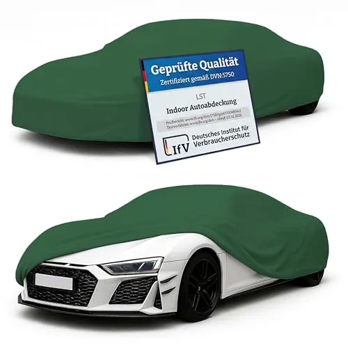LST Autoabdeckung Indoor – lackschonende und Dehnbare Autogarage. Car Cover Innenbereich für Autohäuser und Endverbraucher. Auto Abdeckplane schützt vor Sonne, Staub. (Grün, L (450x140x120cm))