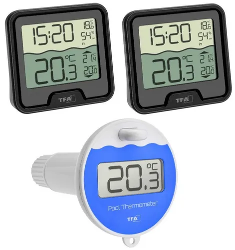TFA Dostmann Funk Poolthermometer Marbella Mega TFA 30.3066.01.99 - Wettersensoren mit 2 Displays für kabellose Wassertemperaturmessung im Pool oder Teich, inklusive Anzeige von Innentemperatur und Luftfeuchtigkeit.
