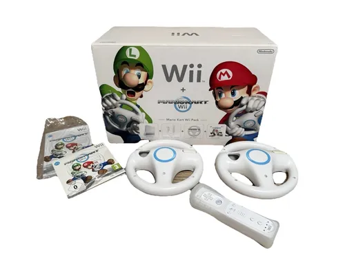Nintendo Wii Konsole - Verschiedene Modelle verfügbar - Konsolen mit Mario Kart Pack, inkl. Wii Wheel & Remote Plus Controller. Ideal für Familien und Spieleabende, ab 3 Jahren geeignet.