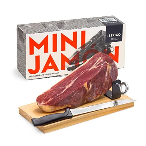 MINI IBÉRICO-SCHINKEN von jamon.de | Geschenkkarton mit Zubehör - Ein tolles Geschenk! Der Mini-Ibérico-Schinken kommt in einer eleganten Geschenk-Box mit Schinkenständer und Messer. Ideal für Schinkeneinsteiger und Liebhaber spanischer Delikatessen. Genießen Sie den milden, nussigen Geschmack!