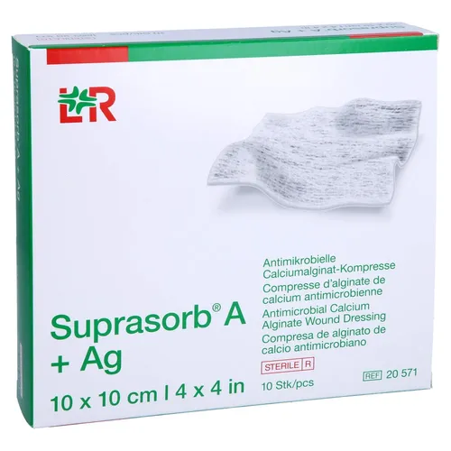Suprasorb A + Ag Antimik. Cal. Alginat Kompresse 10x10 cm - Arzneimittel zur Wundversorgung, bietet antimikrobielle Eigenschaften für eine effektive Heilung und Schutz vor Infektionen.
