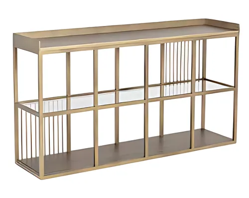 Konsolentisch Regal Offene Kommode 140x80cm aus Metall und Glas - Moderner Konsolentisch mit eleganter Holz- und Glasplatte, ideal für Wohnzimmer. Kompakt und stilvoll, passt perfekt in jedes Ambiente.
