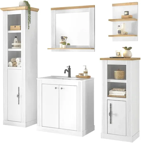 Home affaire Badmöbel-Set WESTMINSTER, (5-St), im romantischen Landhausstil, exclusiv by Otto, Pinie Weiss Dekor