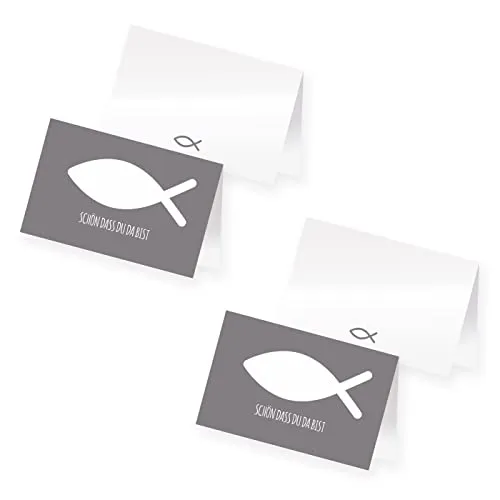 itenga 48 x Tischkarten Platzkarten Namensschild Fisch Kommunion Taufe Konfirmation (grau)