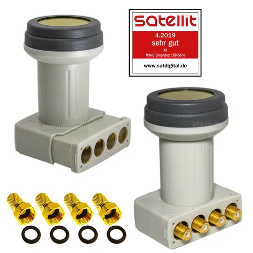 AX Mimic Sun Protect Quad LNB - Universal-Quad-LNB für 4 Teilnehmer mit LTE-Filter, 0.1dB Rauschmaß und vergoldeten Kontakten für optimale Signalqualität, ideal für den Außenbereich.