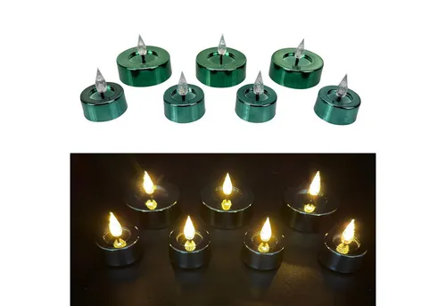 Online-Fuchs LED-Kerze - 7er Set LED Teelichter XL Shiny mit 6-Stunden Timerfunktion (realistische Flamme, in Silber, Rot, Grün und Taubenblau), mit spiegelnder Glanzoberfläche