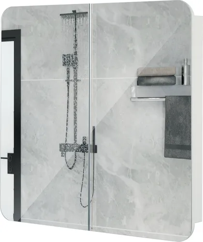 Mondeer Badezimmerspiegelschrank mit 2 Türen - Spiegelschrank in Weiß, ideal für kleine Bäder; bietet viel Stauraum und einen eleganten silbernen Spiegel.