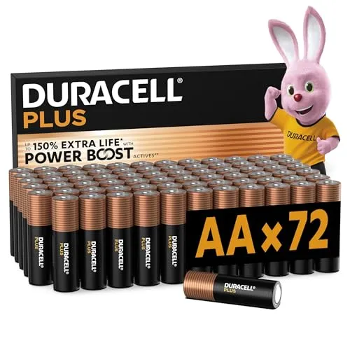 Duracell Plus AA Batterien 72er-Pack - Hochleistungs-Alkalibatterien 1,5 V - Duracell AA Alkaline Batterien 1,5 V bieten zuverlässige Energie für Spielzeug, Fernbedienungen und mehr. Mit Powerboost Technologie für konstante Leistung und bis zu 10 Jahre Lagerfähigkeit sind sie ideal für den täglichen Einsatz.