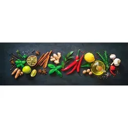 EUROART Glasbild 33 x 98 cm Herbs and Spices - Kreatives Glasbild mit buntem Kräuter- und Gewürzmotiv, perfekt für die moderne Wandgestaltung. Verleiht jedem Raum einen frischen Akzent und ist ideal für Küchen und Essbereiche.