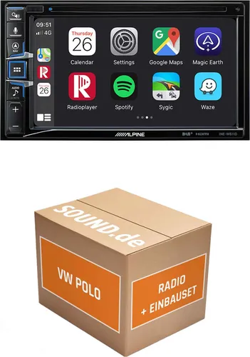 Alpine INE-W611D Autoradio Einbaupaket für VW Polo 6R - Komplettes 2-DIN Autoradio Set für VW Polo 6R (2009-2014) mit integriertem Navigationssystem, DAB+ und Apple CarPlay. Einfacher Einbau dank passgenauer Radioblende und Lenkradinterface.