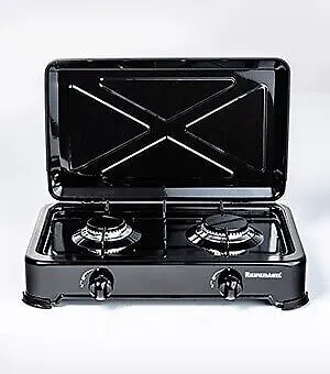 Ravanson K-02TB Gas Kochfeld - 2 Zonen in Schwarz - Kochfeld für die Arbeitsplatte mit 2 Gaszonen, ideal für kreative Köche. Leicht zu reinigen und mit drehbaren Fernbedienungen für einfache Handhabung.