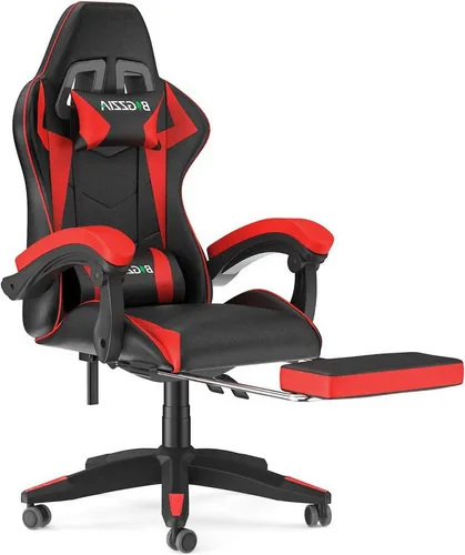 BIGZZIA Gaming Stuhl mit Fußstütze - Ergonomischer Bürostuhl für Gamer - Bürostuhl mit ausziehbarer Fußablage für mehr Komfort während langer Gaming-Sessions. Höhenverstellbar und mit Lenden- und Nackenkissen für eine optimale Körperhaltung.
