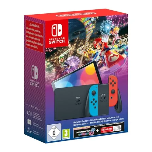 NINTENDO Switch OLED mit Mario Kart 8 Deluxe - Tragbare Konsole mit 7" OLED-Display, ideal für Gaming unterwegs und mit 3 Monaten Switch Online für Multiplayer-Spaß.