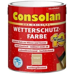 Consolan Wetterschutz-Farbe 2,5 L sandgelb - Holzschutzfarbe für außen, schützt zuverlässig vor Witterungseinflüssen und verleiht Holz eine ansprechende sandgelbe Farbe.