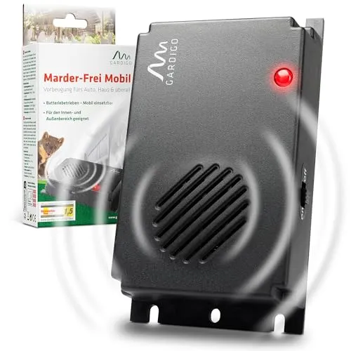 Gardigo Marderschreck Marder-Frei Mobil - Sonstiges Autozubehör mit einer Reichweite von 40 m², vertreibt Marder geräuschlos mit Schall und ist mobil durch Batteriebetrieb – ideal für Auto, Dachboden und Garten.