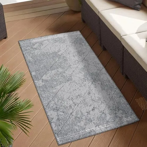 Wendeteppich Grau 80x150 cm - DuoRug mit Rauten-Muster - Outdoorteppich, wetterbeständig und wendbar für vielseitige Dekorationsmöglichkeiten auf Balkon, Terrasse oder im Innenbereich.