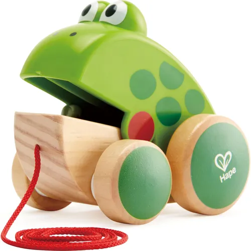 Hape Motorikspielzeug Nachziehfrosch Fridolin - Nachziehspielzeug aus Holz für Kleinkinder ab 1 Jahr, fördert Mobilität und Grobmotorik mit beweglichem Mund und leuchtenden Farben.