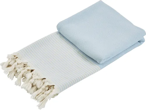 Done. Hamamtücher "Calina", blau (hellblau, wollweiß) - Das elegante Hamamtuch CALINA in zarten Pastelltönen ist perfekt für Strand, Picknick oder als stilvolle Tischdecke. Mit handgeknoteten Fransen und aus 100% Baumwolle gefertigt, bietet es ein weiches Hautgefühl und lässt sich klein verpacken.