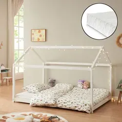 Kinderbett ’Cerro’ mit Matratze 120x200cm - Weiß - Gemütliches Kinderbett in Hausoptik mit bequemer Matratze. Ideal für Mädchen und Jungen, einfach aufzubauen und pflegeleicht. Verwandeln Sie das Kinderzimmer in einen zauberhaften Schlafplatz!