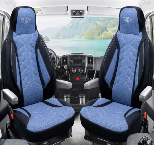 BREMER SITZBEZÜGE Autositzbezug für Bürstner Ixeo I / Time - Schwarz/Blau - Hochwertige Schonbezüge für Bürstner Ixeo I / Time, passend für Fiat Ducato und Citroen Jumper. Langlebig, pflegeleicht, mit praktischen Taschen und einfacher Montage – optimaler Schutz für Ihre Sitze.