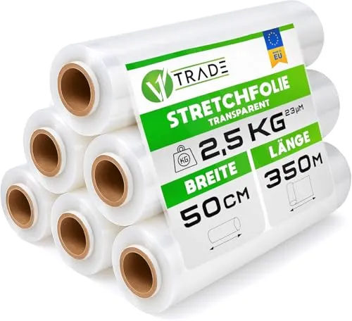 V1 Trade Stretchfolie Transparent Strechfolienrolle - 6 Wickelfolie - Handstretchfolie 350m/50cm Verpackungsmaterial - Verpackungsfolie auf Rolle - Folie Für Möbel - Folien Für Umzug - Umzugsfolie