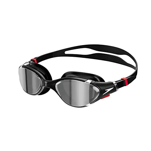 SPEEDO Herren Brille BIOFUSE 2.0 MIRROR BLACK/SILVER - Schwimmbrille mit neuester Biofuse-Technologie, bietet unschlagbaren Komfort und Passform dank patentiertem Druckknopfmechanismus und superweichen Dichtungen.