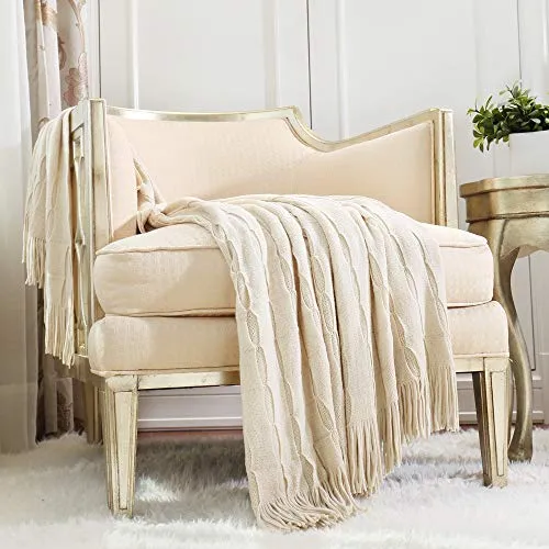 CREVENT Rustikale Überwurfdecke für Couch, Sofa, Stuhl, Bett, weich, warm, gemütlich, leicht, für Reisen, als Geschenk zu Weihnachten (127,7 x 152,4 cm, Beige/Elfenbein)