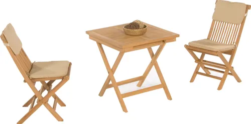 SonnenPartner Sunny Smart Gartenmöbel-Set "Bristol" - Klapptisch & 2 Klappstühle mit Kissen - Gartenmöbel-Set 'Bristol' aus wetterfestem Teakholz, klappbar für platzsparende Aufbewahrung und ideal für kleine Balkone oder Terrassen.