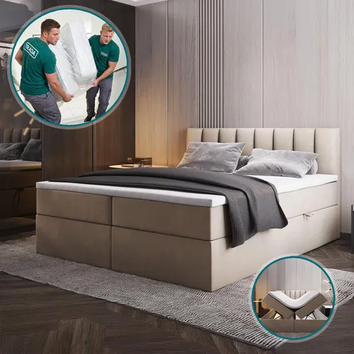 Palermo Boxspringbett mit Bettkästen 200 x 200 cm - Betten mit 2 großen Bettkästen für optimalen Stauraum, inklusive hochwertiger H3 Matratze und wasserabweisendem Velvet-Stoff für langlebigen Komfort.