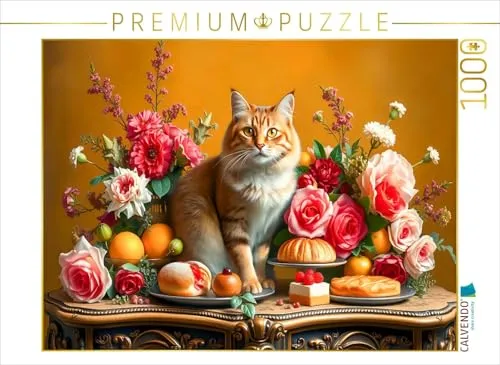 CALVENDO Puzzle Katze auf Tisch mit Blumen und Obst im Stil der Alten Meister | 1000 Teile Lege-Größe 64 x 48 cm Foto-Puzzle für glückliche Stunden
