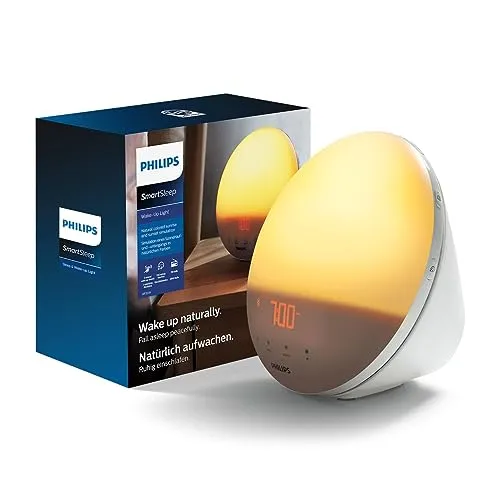 Philips Wake-up Light HF3531/01 - Farbige Sonnenaufgangssimulation mit 20 Lichtstärken, 7 natürliche Klänge für ein sanftes Aufwachen