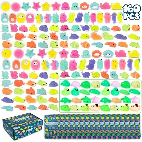 BONNYCO Mochi Squishy Set Mitgebsel Kindergeburtstag Gastgeschenke, 160 Stück Kleine Geschenke für Kinder sie Leuchten im Dunkeln. Mitbringsel Kindergeburtstag Gastgeschenk, Pinata Füllung
