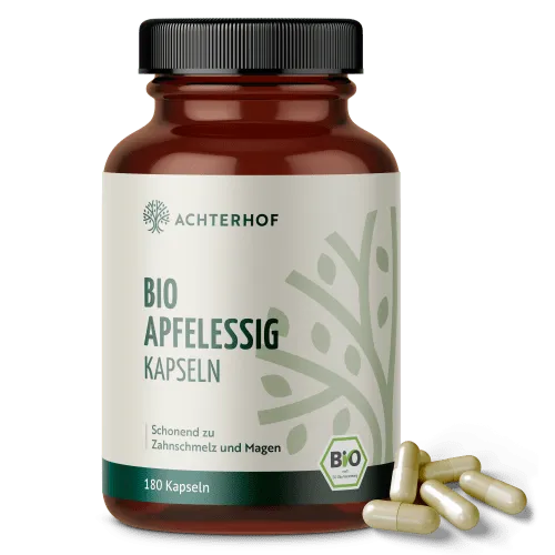 Achterhof Bio Apfelessig Kapseln (180 Kapseln) - Praktische Kapseln mit 1560 mg hochkonzentriertem Apfelessigpulver pro Tagesdosis. Ideal für empfindliche Mägen – eine magenfreundliche Alternative zur flüssigen Einnahme. Vegan und ohne Zusätze für 60 Tage Versorgung.