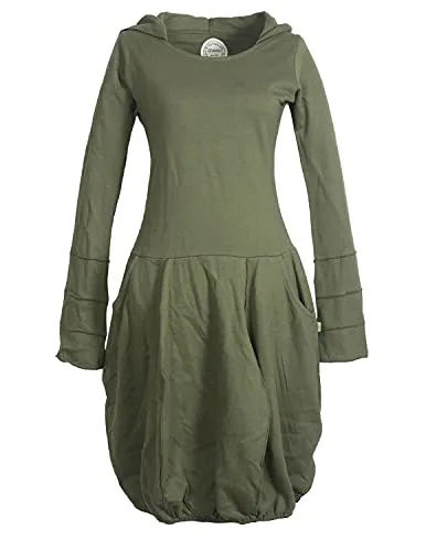 Vishes - Warmes Damen Langarm Winterkleid mit Zipfelkapuze in Olive - Stylisches Ballonkleid aus weichem Sweatshirtstoff mit langen Trompeten-Ärmeln und zwei praktischen Taschen. Ideal für die Übergangszeit und handgefertigt mit Liebe in Kathmandu.