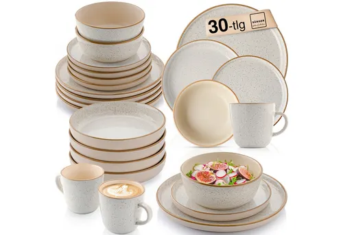 SÄNGER Rio Creme Kombiservice 30 tlg | Geschirr Set für 6 Personen - Kombiservice für 6 Personen, inkl. Teller, Becher und Schalen aus kratzfestem Steingut, spülmaschinen- und mikrowellengeeignet für stilvolle Tischarrangements.